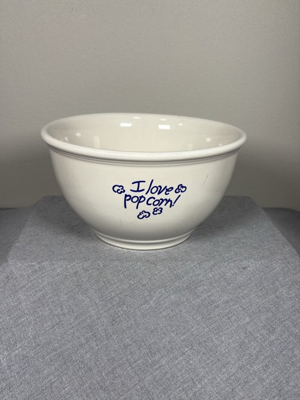 Gibson China I Love Popcorn Ceramic Bowl White Blue Snack Dish